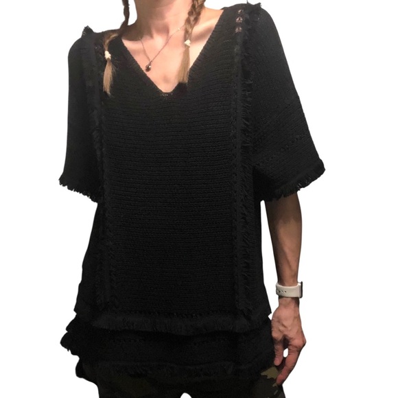 Lou & Grey Women Sz M Knit Sweater Black Fringe Boho Short Sleeve Long Tunic - Picture 1 of 10
